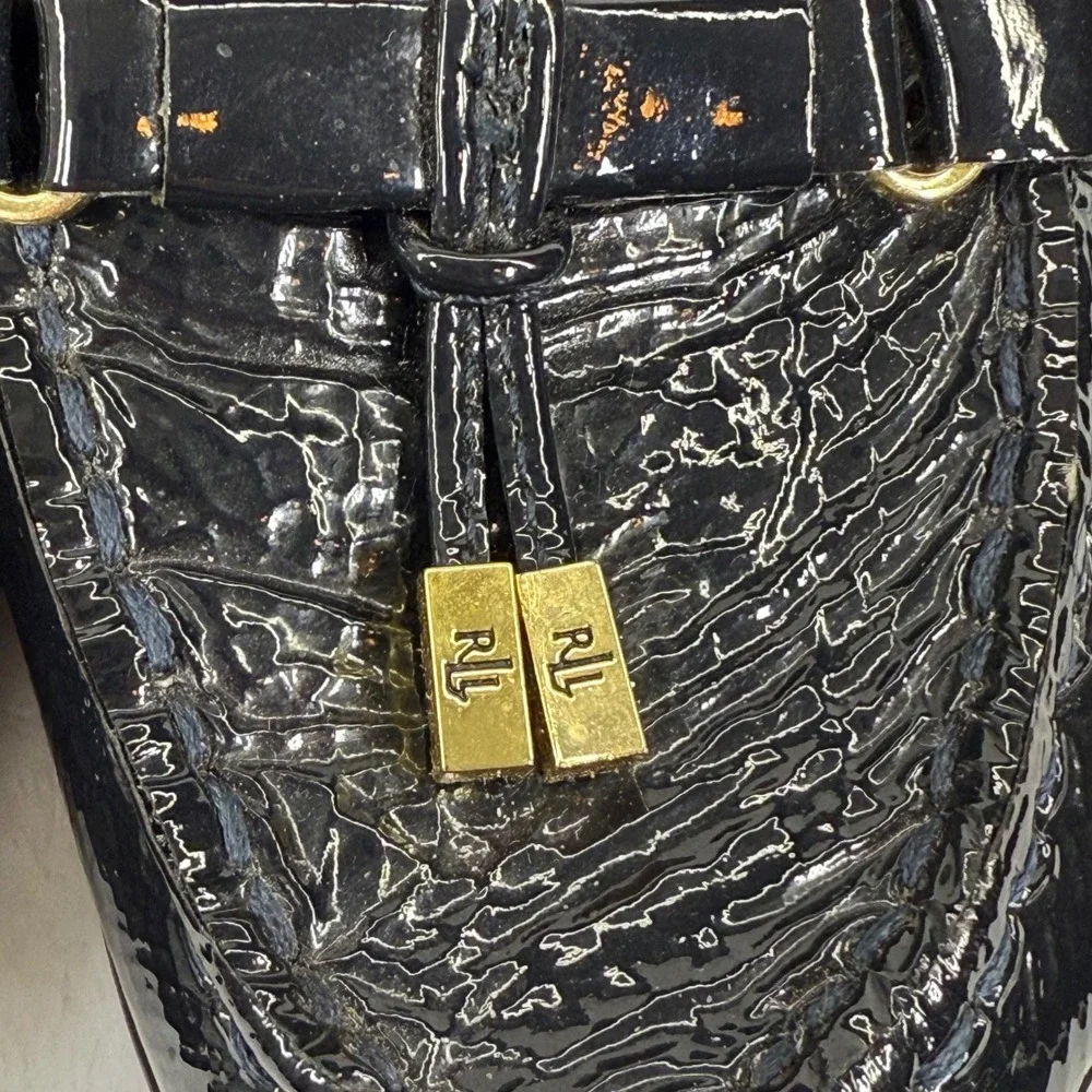 Lauren Ralph Lauren‎ Black Patent Leather Wedge Loafers with Gold Accents 8 READ